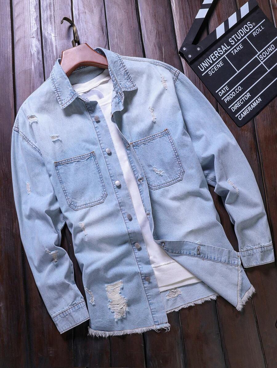 Manfinity LEGND Plus Size Men's Long Sleeve Single-Breasted Ripped Casual Pocket Denim Jacket