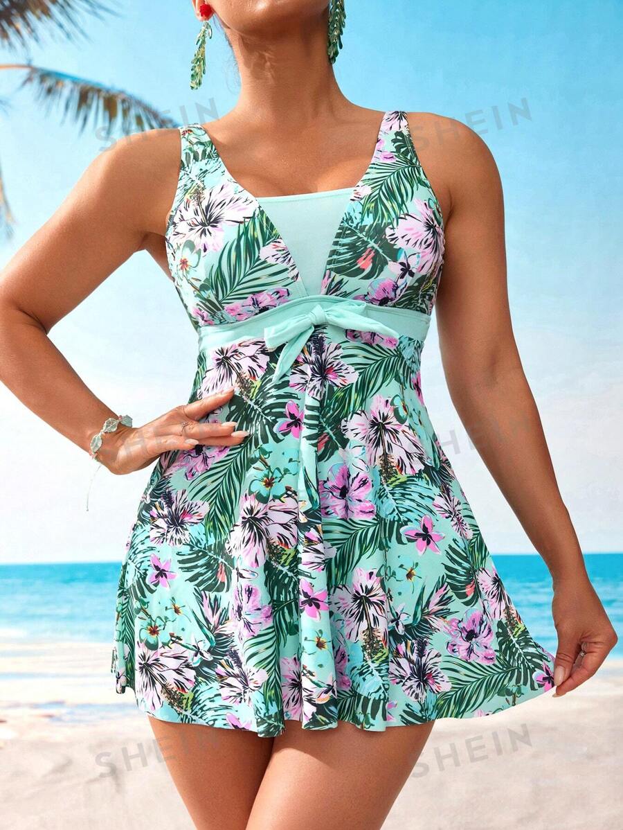 Swim Lushoire Conjunto de tankini informal con estampado de plantas tropicales y cinturón de amarre para mujer