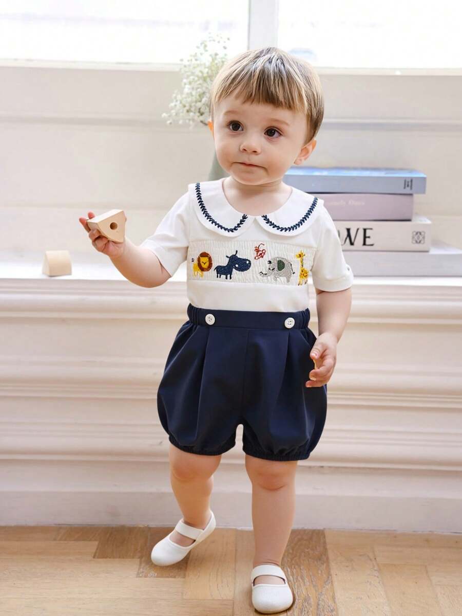 Souflis Baby Boy Infant Animal Embroidery Cute Collar Top And Contrast Shorts 2 Pieces Outfit Set, Suitable For Outdoor Wear In Summer