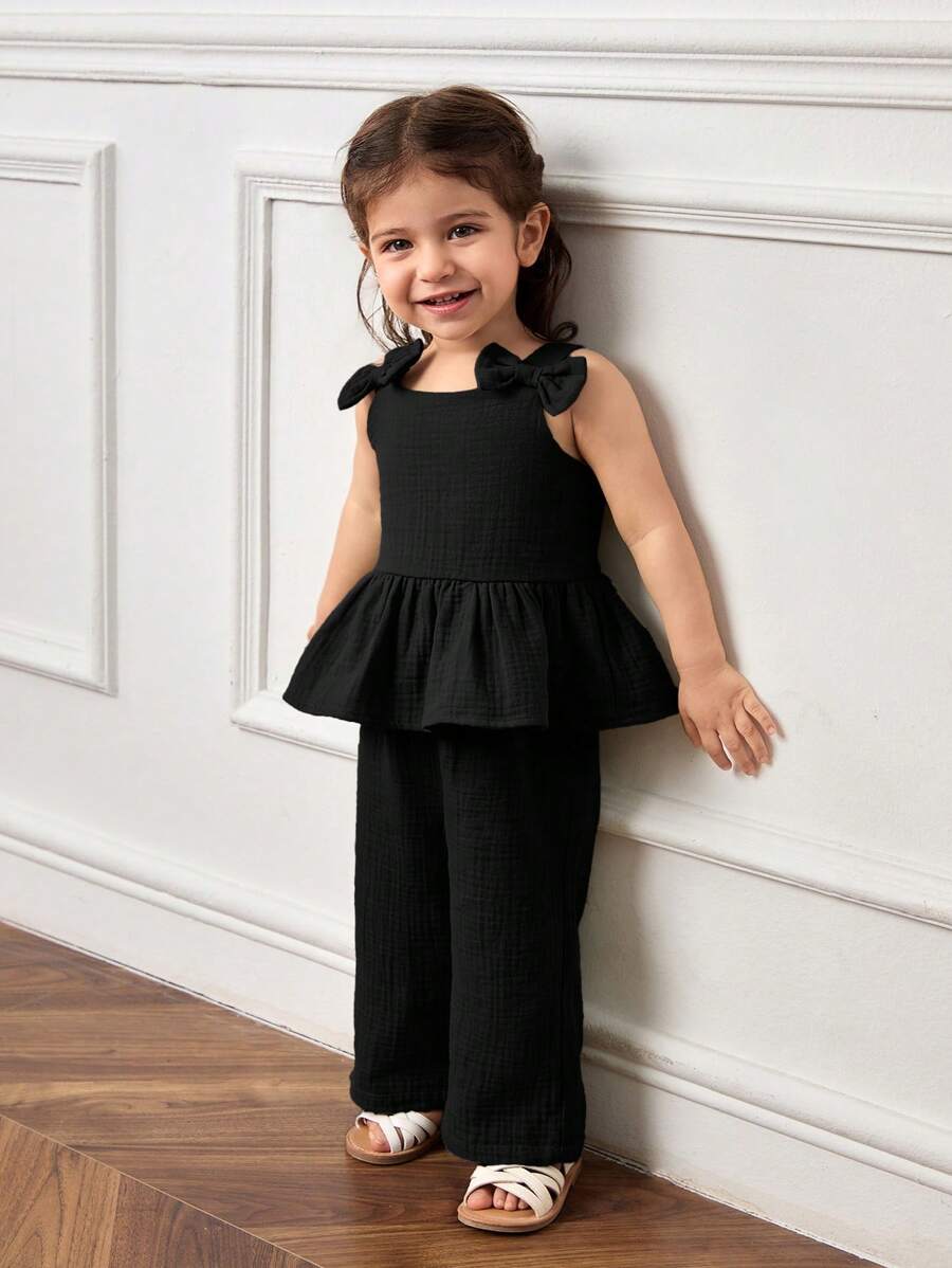 Cozy Pixies 2pcs Baby Girls' Bow Decor Camisole Top And Elastic Waist Flare Pants Set