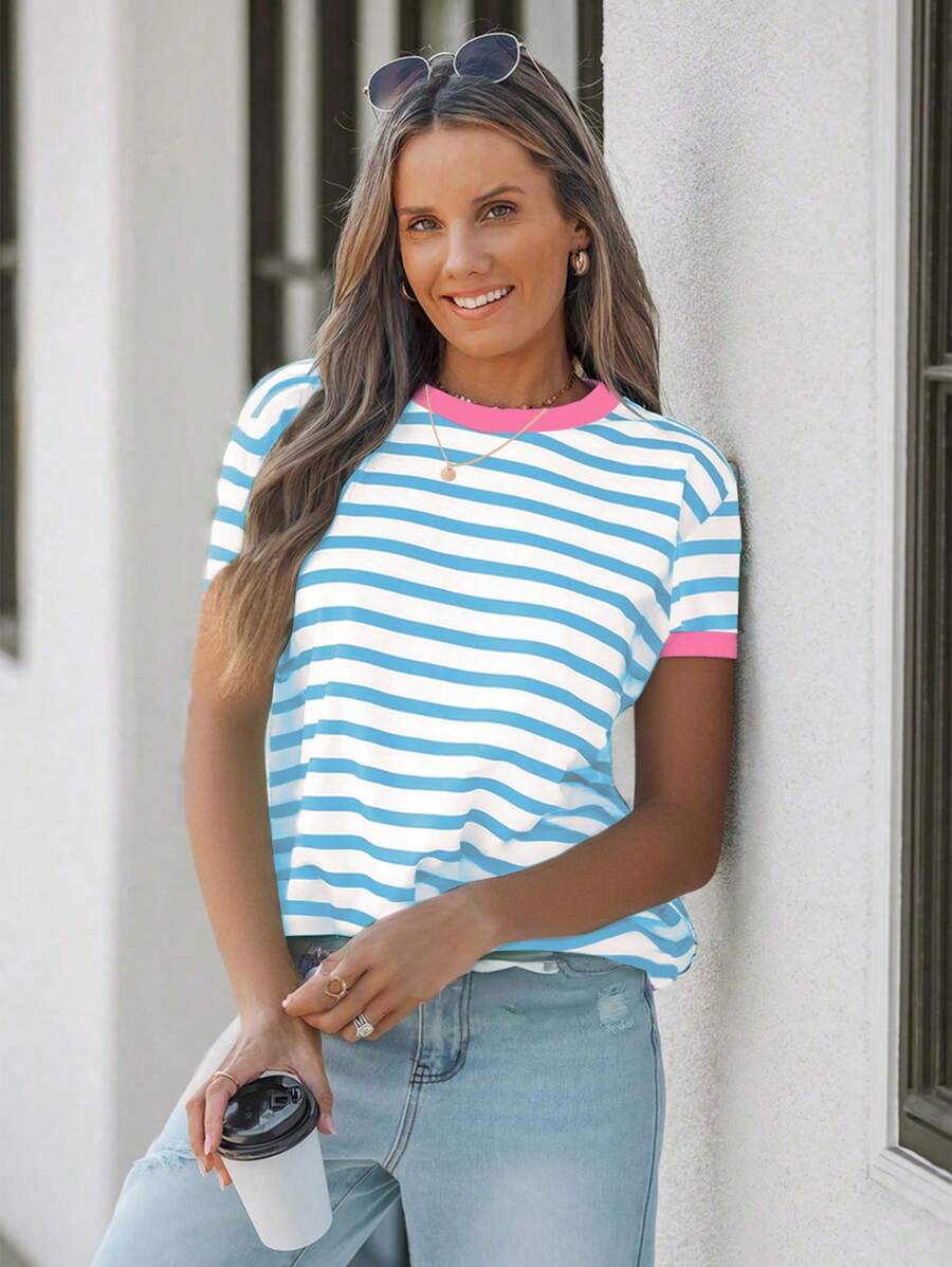 Wildy Maglietta a maniche corte casual da donna, collo tondo, con motivo a righe, comoda e svasata, adatta per l'estate