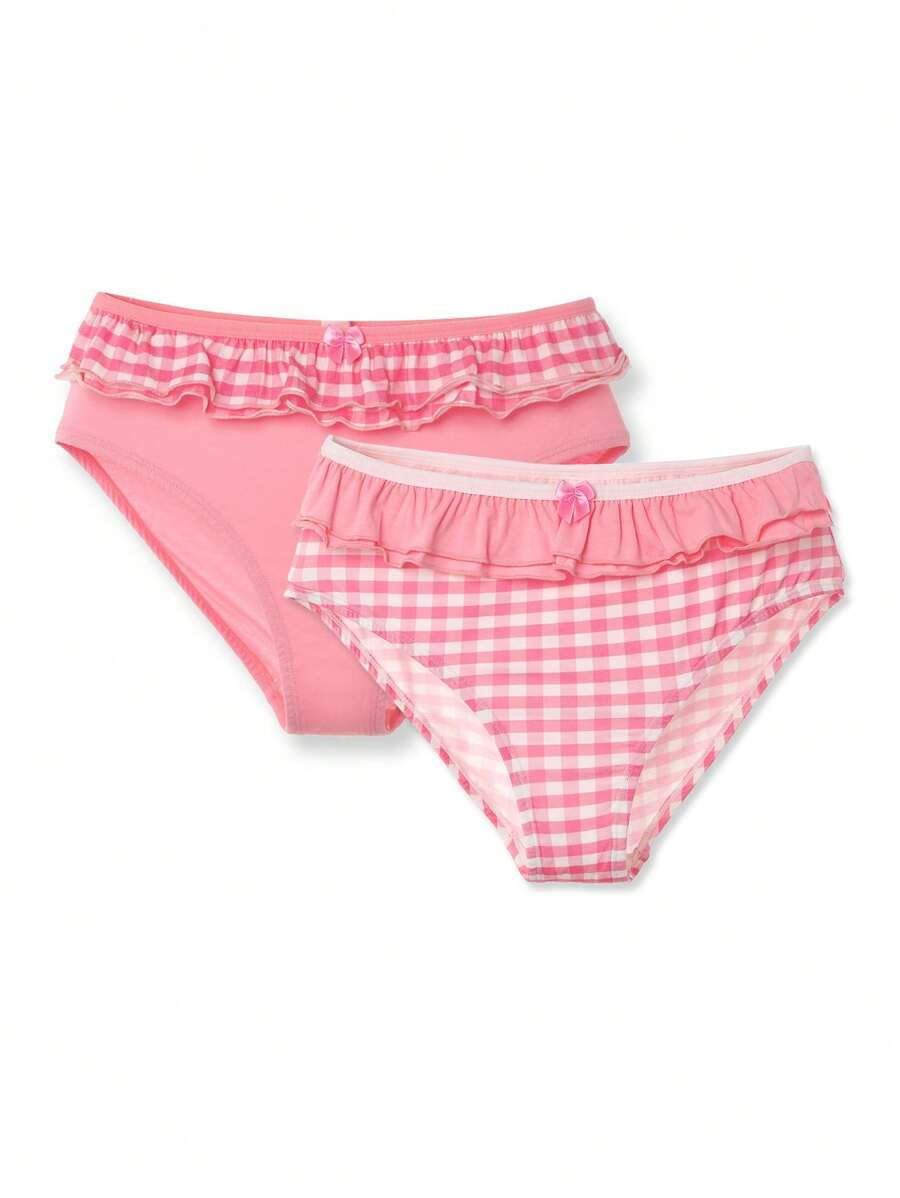 NotGurli Set de 2 bragas de algodón a cuadros con volantes y lazos, estilo lindo y dulce, adecuado para adolescentes