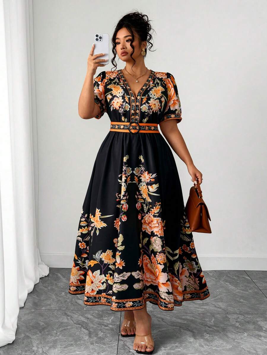 Elenzga Plus Size Women's Fashionable Versatile Thailand Maldives Vacation Boho Style Printed Cinched Waist V-Neck Cap Sleeve Dress, Spring/Summer