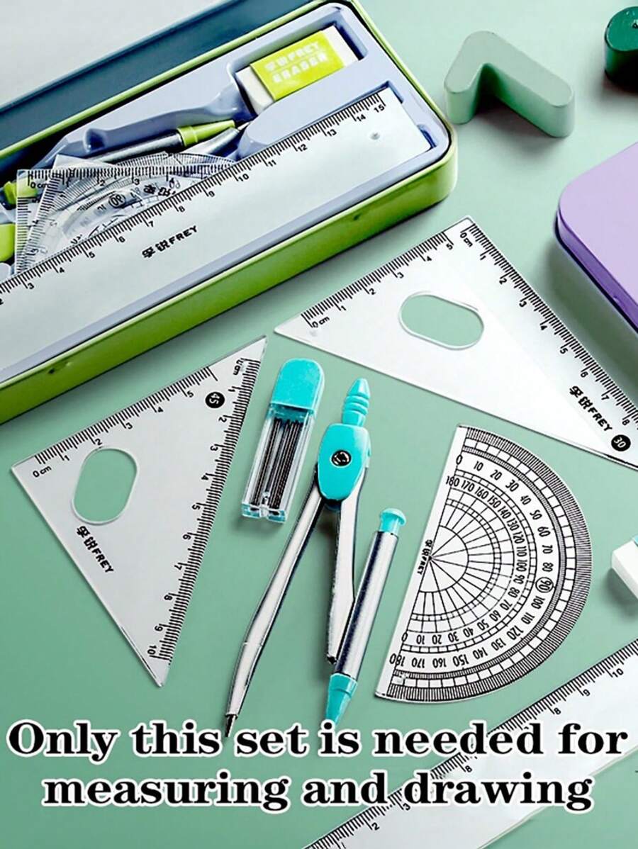 SHEIN 1 Set Ruler & Compass Set With Protractor For Teaching And Student Supply