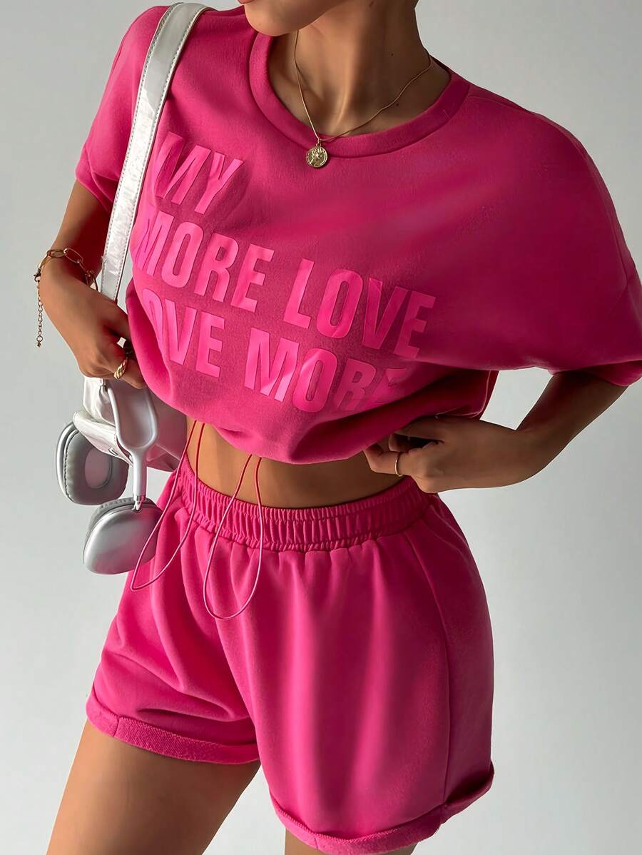 SHEIN Sport Studio Women's Letter Print Drawstring Hem Top And Elastic Waist Shorts Set, Sports Outfit