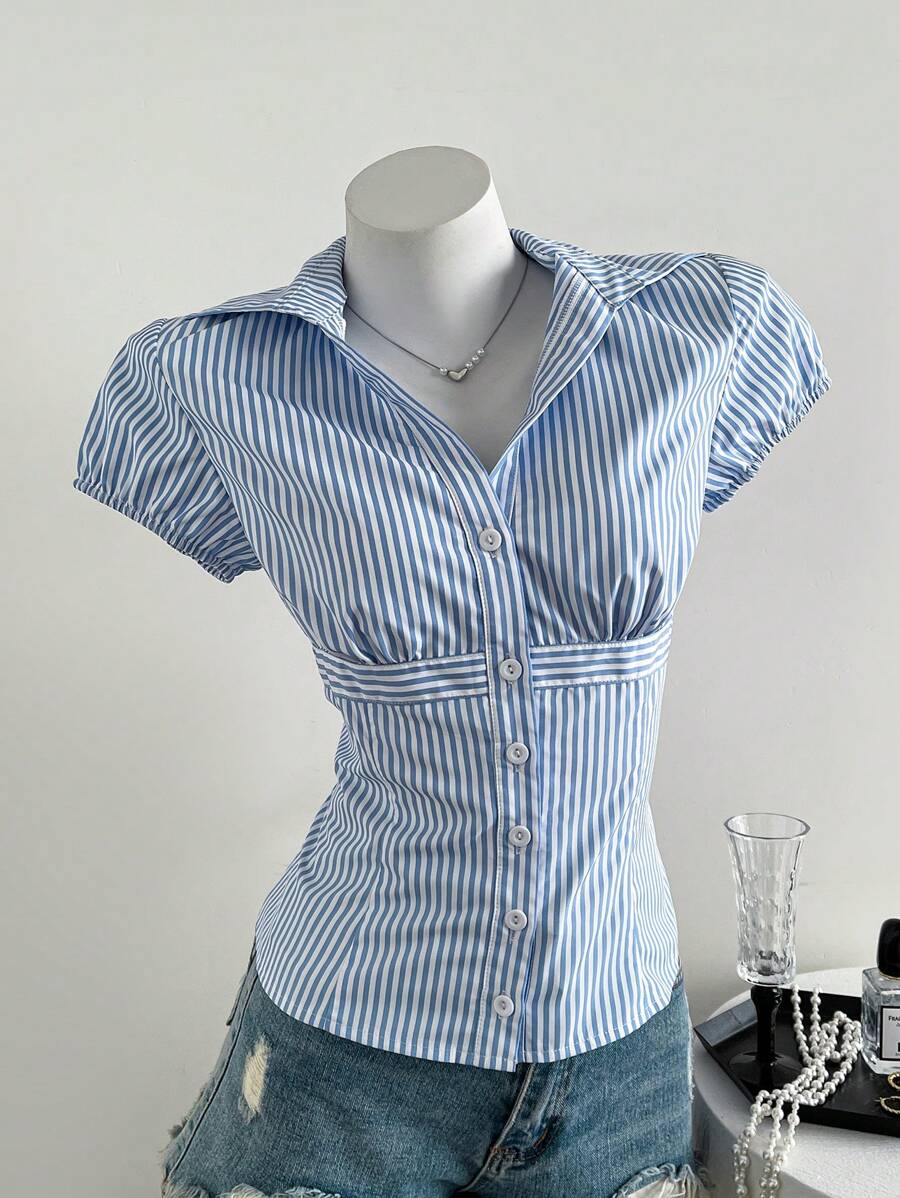 Elamini Women Striped Casual Versatile Fitted Polo Collar Shirt, Spring/Summer