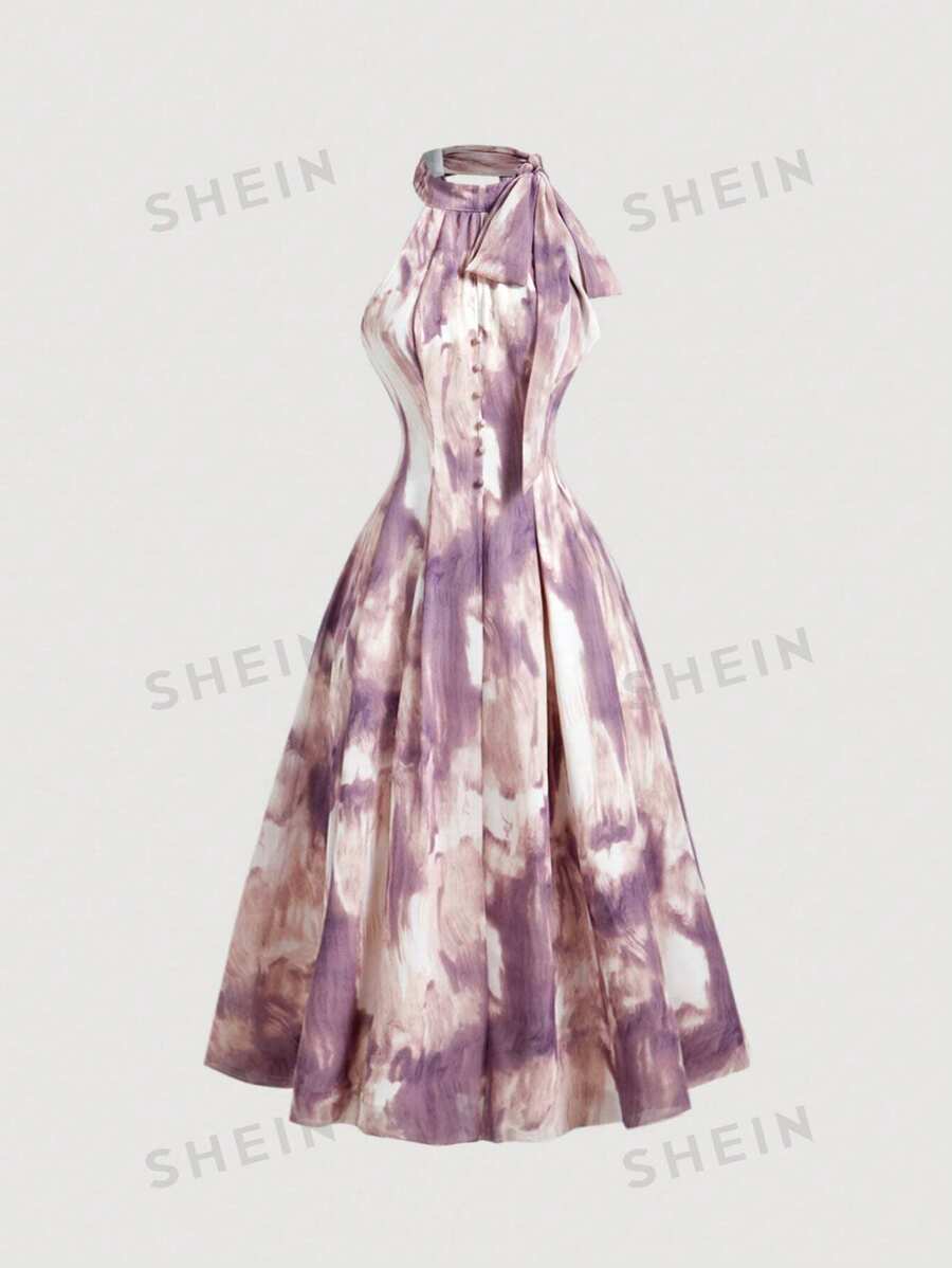 SHEIN MOD Vestido entallado de largo medio con cuello anudado efecto teñido anudado, vestido de primavera/verano para mujer, elegante, para vacaciones, casual, bohemio, vaquero, brunch, atuendos de playa, atuendos de concierto de música country, atuendos de rave y festival, ropa occidental para mujer, vestido morado, vestido de verano