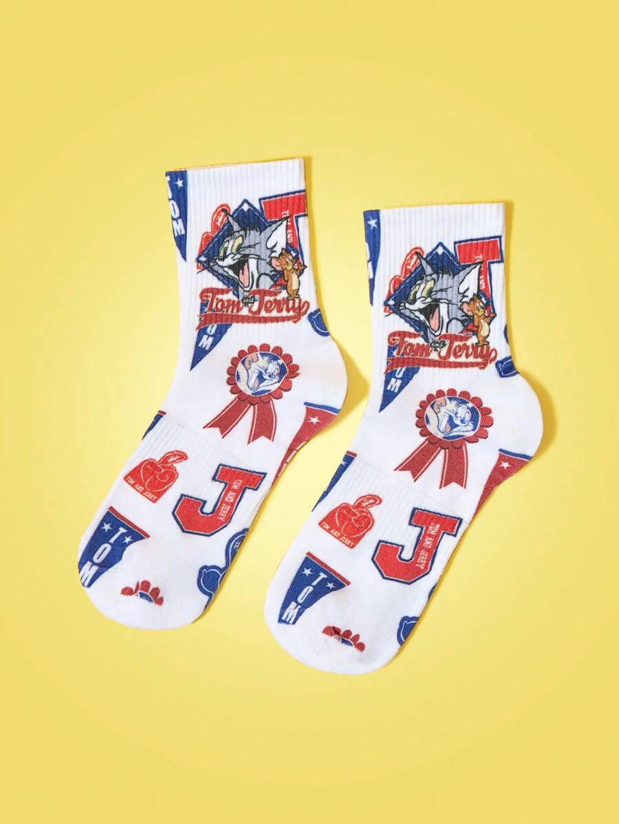 TOM & JERRY X SHEIN 1 Paar Damen Cartoon & Buchstaben Muster weiße modische Crew Socken