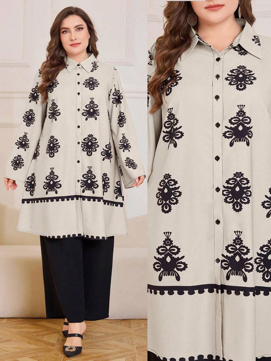 Lacomfia 2 pezzi completo di camicia a maniche lunghe e pantaloni taglie forti con stampa floreale vintage