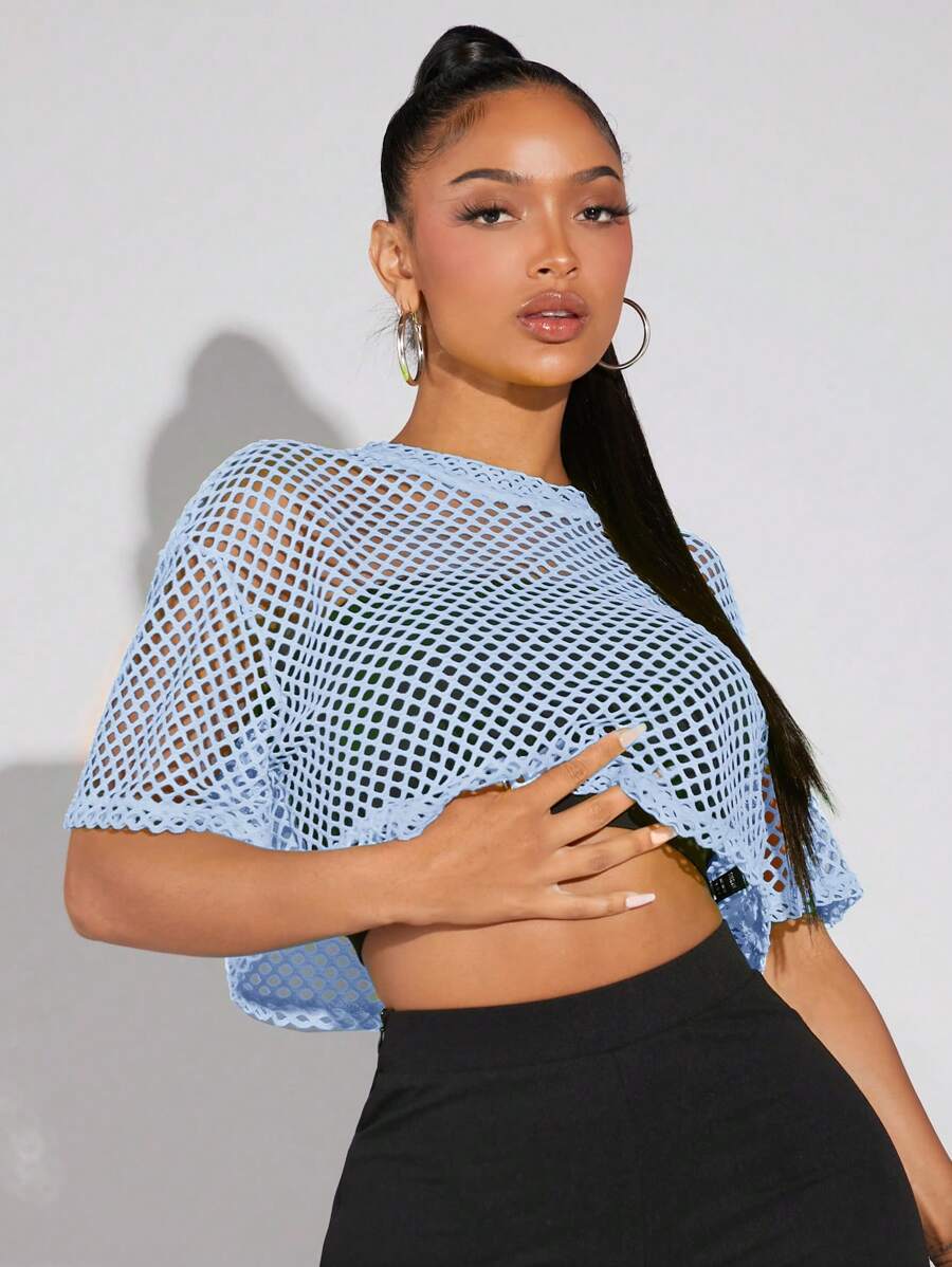 SHEIN SXY Damen Mesh einfarbig Kurzarm Rundhals Modische Oberteile, geeignet für den Sommer
