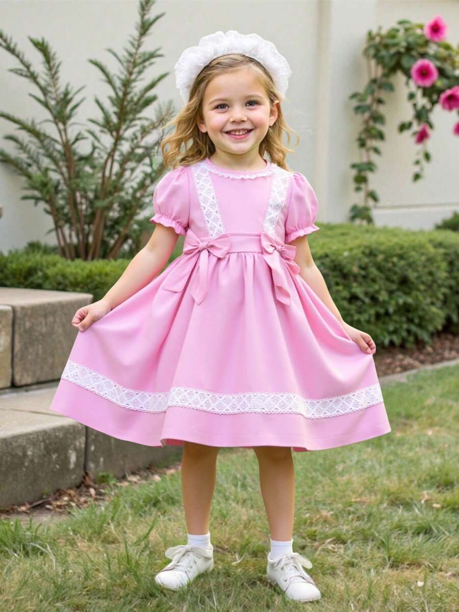 Souflis Souflis Vestido de Princesa com Manga Bufante para Menina Jovem, com Colarinho de Renda Floral, Detalhe em Laço e Bainha com Barra de Renda, Adequado para Eventos