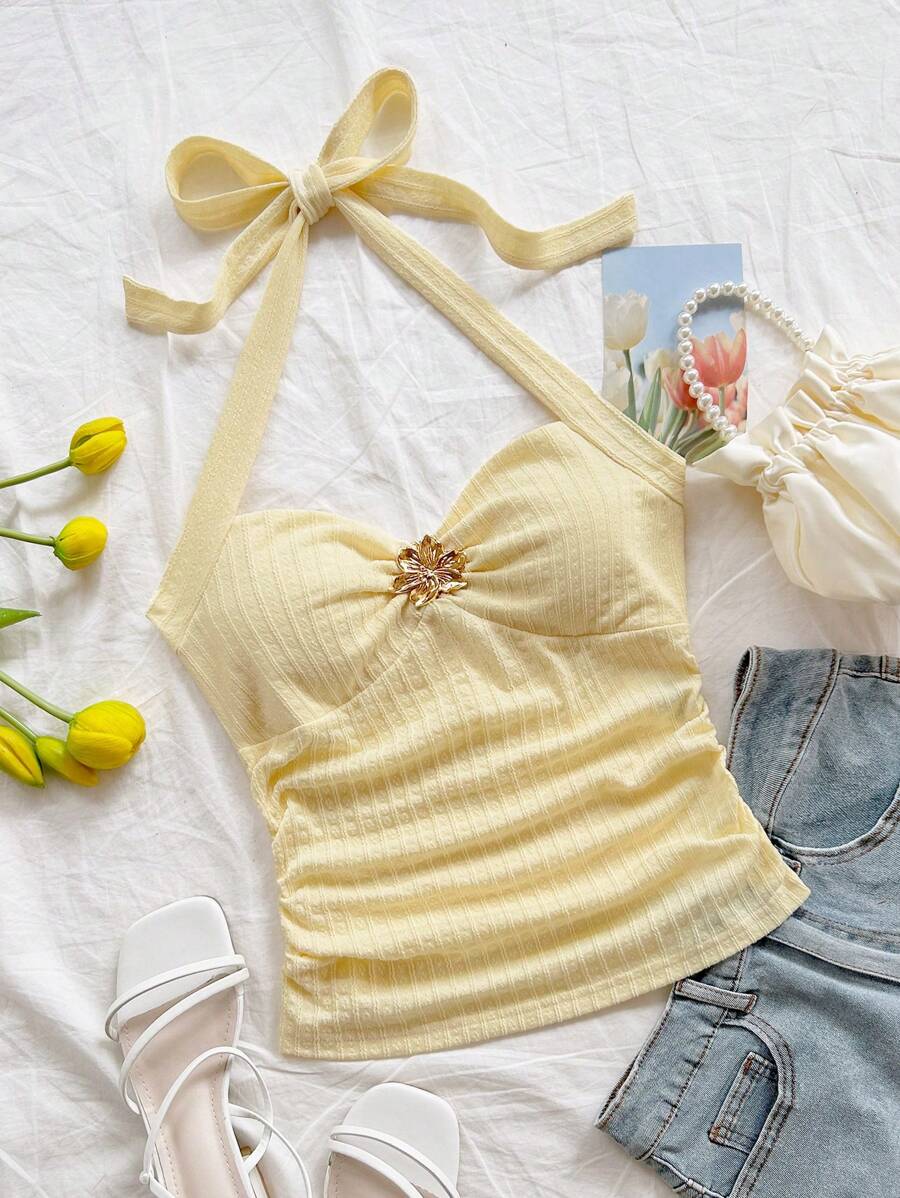 Soleia Canotta da donna con scollo a V, decorazione floreale e fibbia metallica, chiusura sul retro, aderente, tessuto strutturato, adatta per vacanza, appuntamento, tè pomeridiano, vacanza, festival musicali, stile bohémien, matrimonio all'aperto, primavera/estate