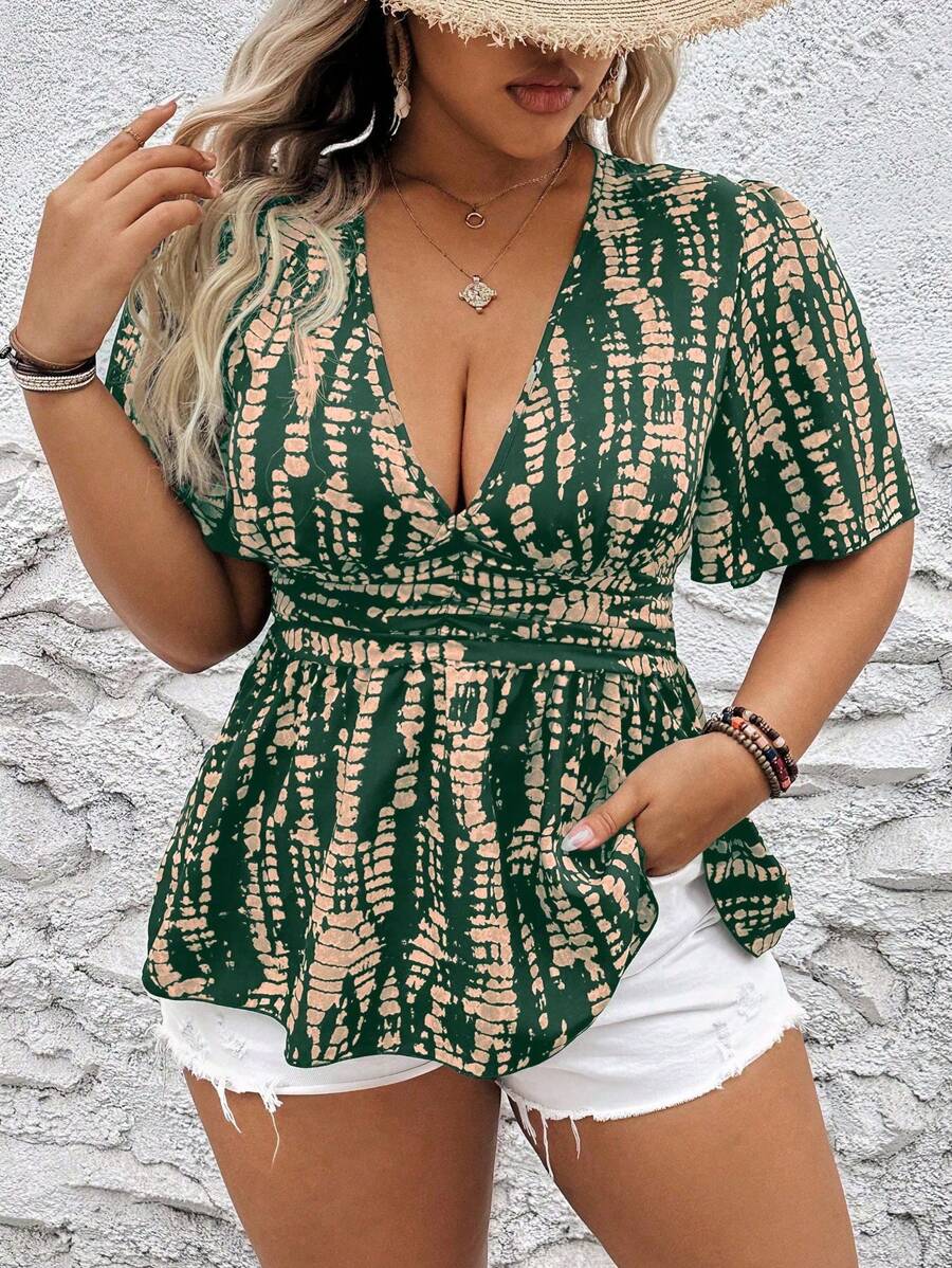 Franclia Women's Random Printed Deep V Plus Size Shirt Peplum Top
