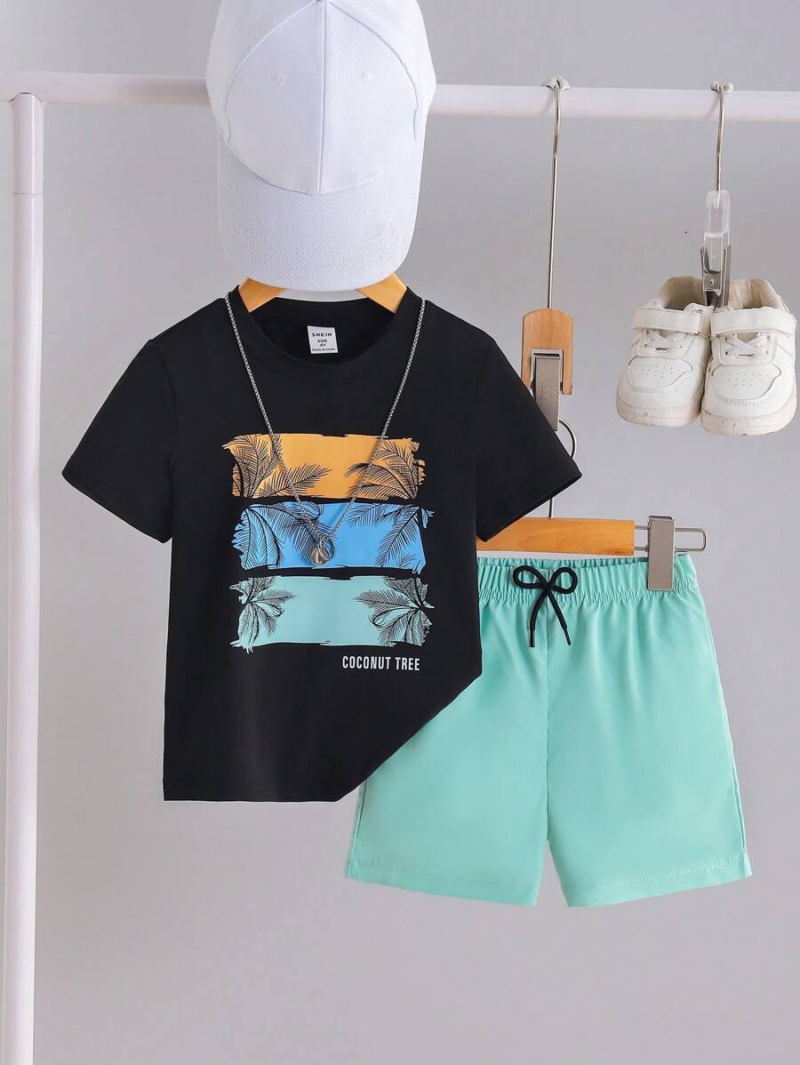 SHEIN Young Boy Letter & Tropical Plant Print Short Sleeve T-Shirt And Shorts Set, School, Campus, College