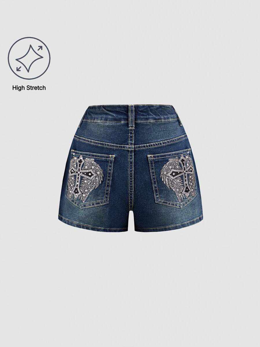 Shorts di jeans alla moda e unici, stile da strada, adatti per ragazze adolescenti con decorazione di ali d'angelo e croce ricamata, strass, vita elastica e chiusura con cerniera