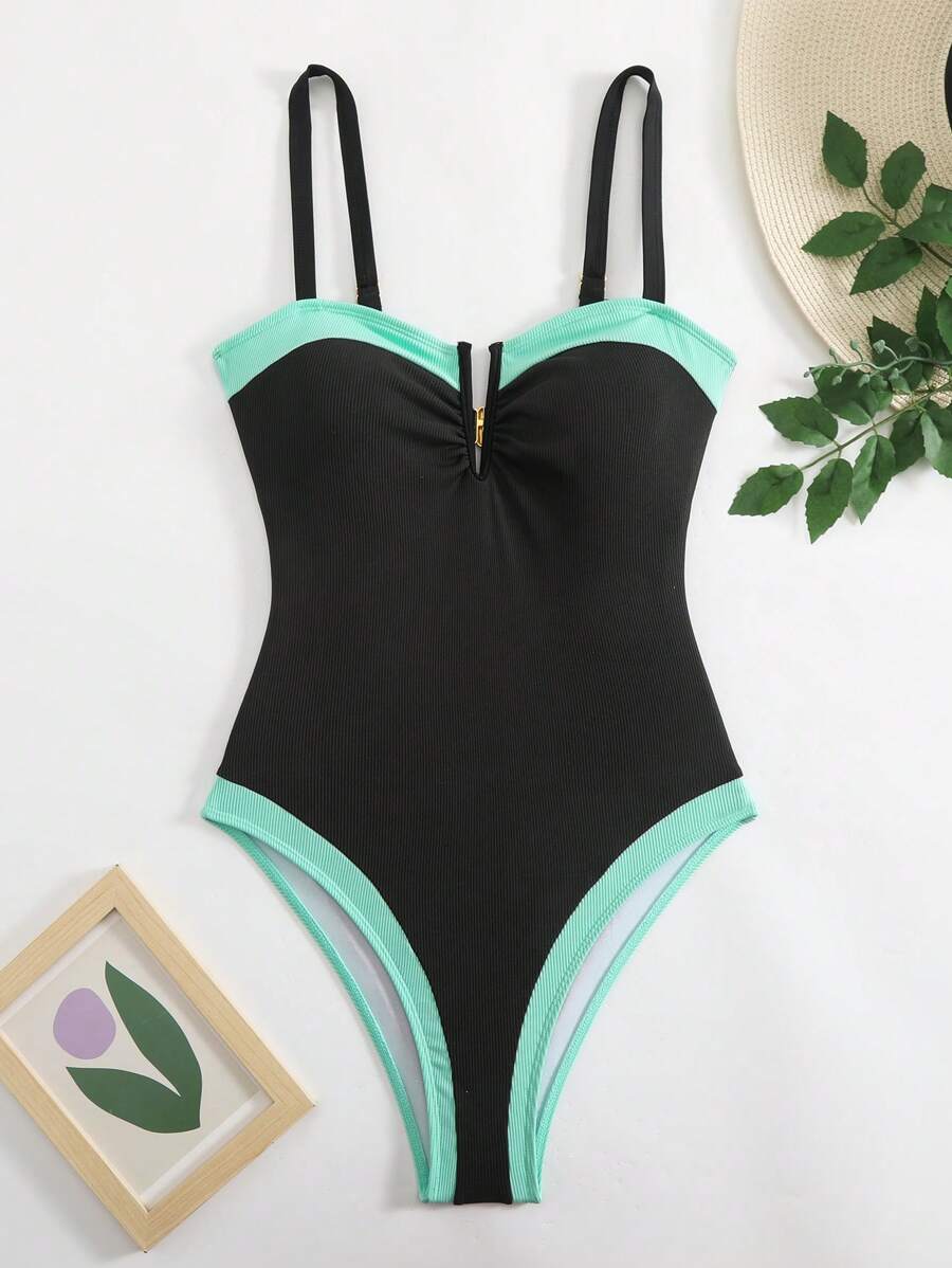 Swim Lushoire 1 pezzo Costume da bagno intero da donna con scollo a V, con reggiseno con ferretto, a blocchi di colore con costine