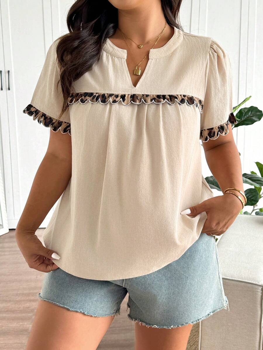 SHEIN Frenchy Plus Size Summer Casual Versatile Leopard Print Patchwork V-Neck Blouse For Women