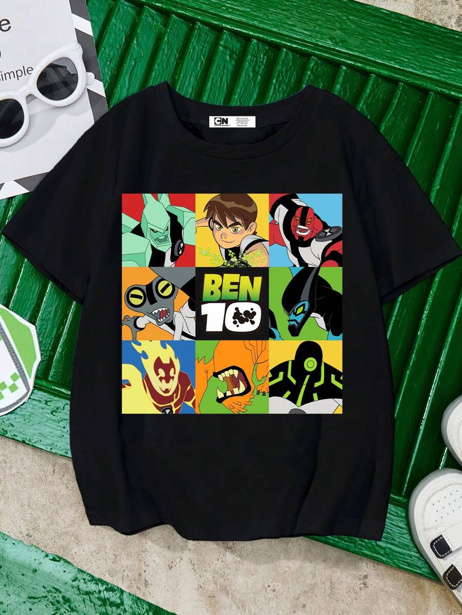 BEN 10 X SHEIN Maglietta nera a maniche corte con grafica a cartoni animati per ragazzi, adatta per l'estate