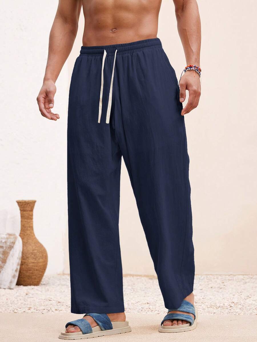 Manfinity VCAY Men Beach Outfits Summer Vacation Basic Woven Casual Surfing Seaside Beach Fit Linen Pants Beachwear