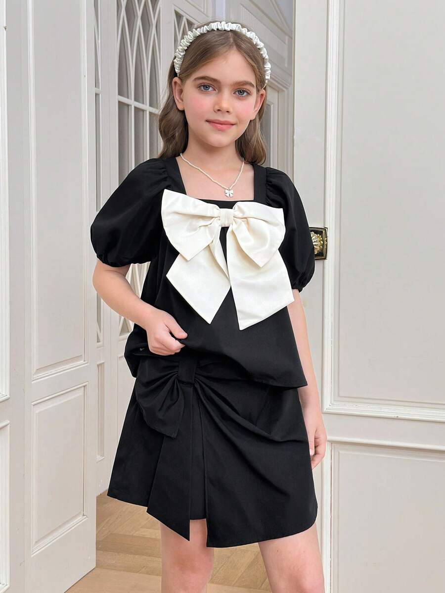 SHEIN Tween Girls 2 bucăți uni guler volanat bluză cu mâneci bufante și seturi de pantaloni pantaloni cu fundă asimetrică, elegant franțuzesc, înapoi la școală, stil dulce doamnă