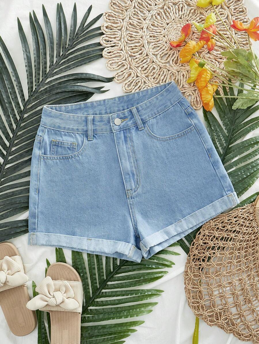 SHEIN EZwear Pantaloncini di jeans casual estivi lavati con orlo arrotolato