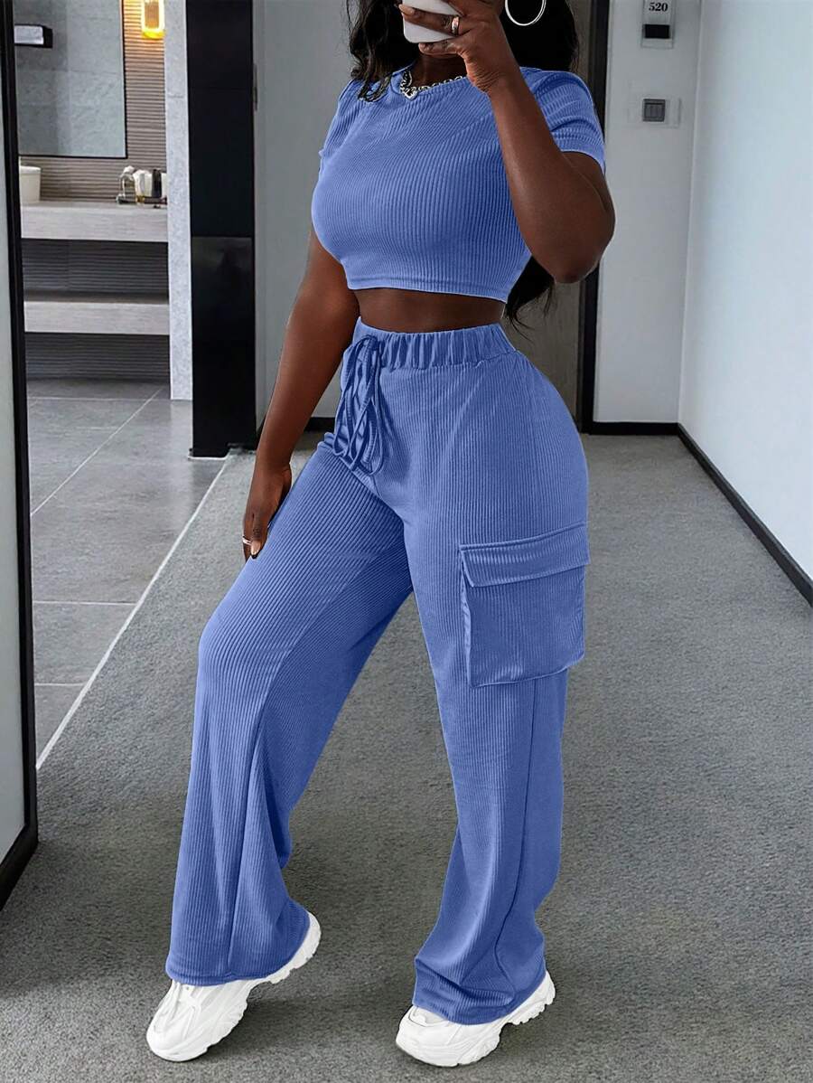 INAWLY Solid Crop Tee & Drawstring Waist Pants For Summer