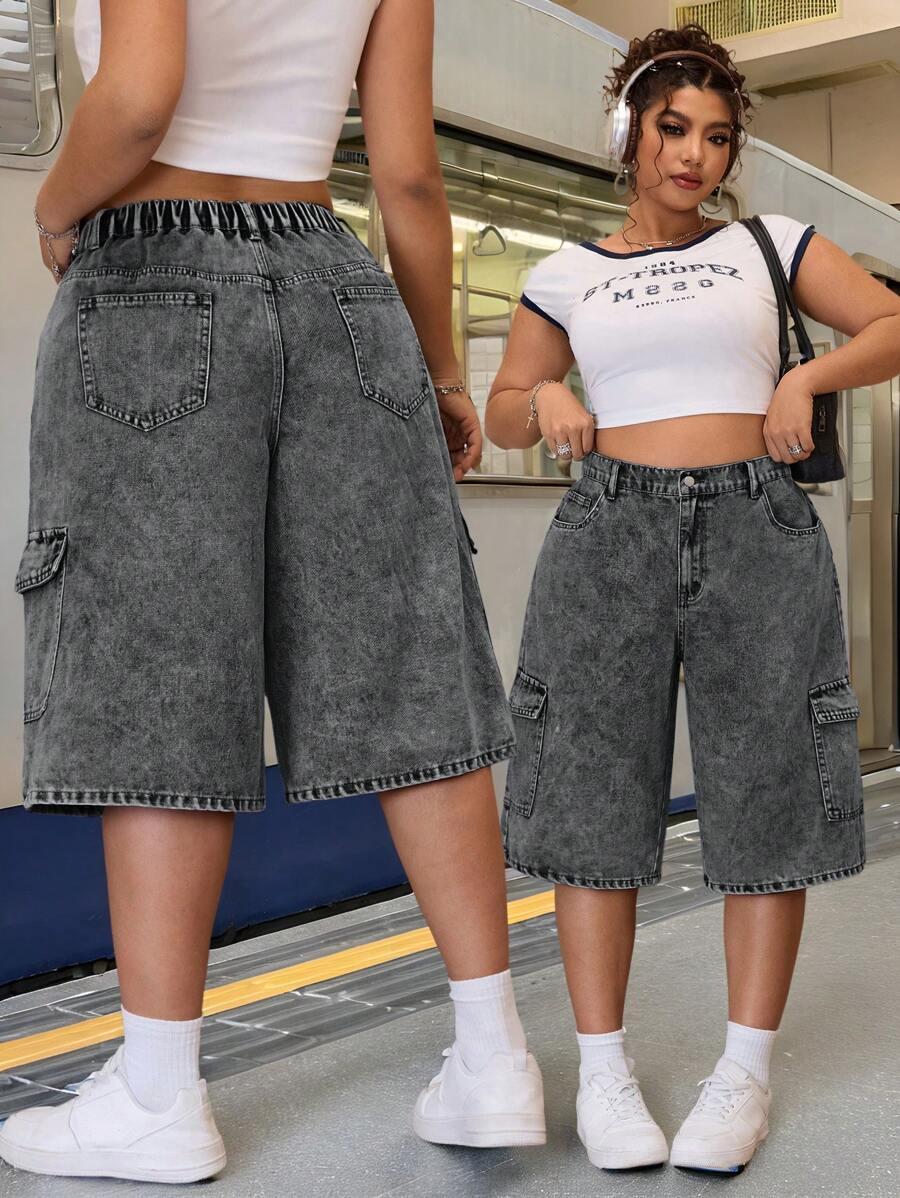 SHEIN ICON Jeans cargo lavati blu con tasche grandi e taglio morbido dritto