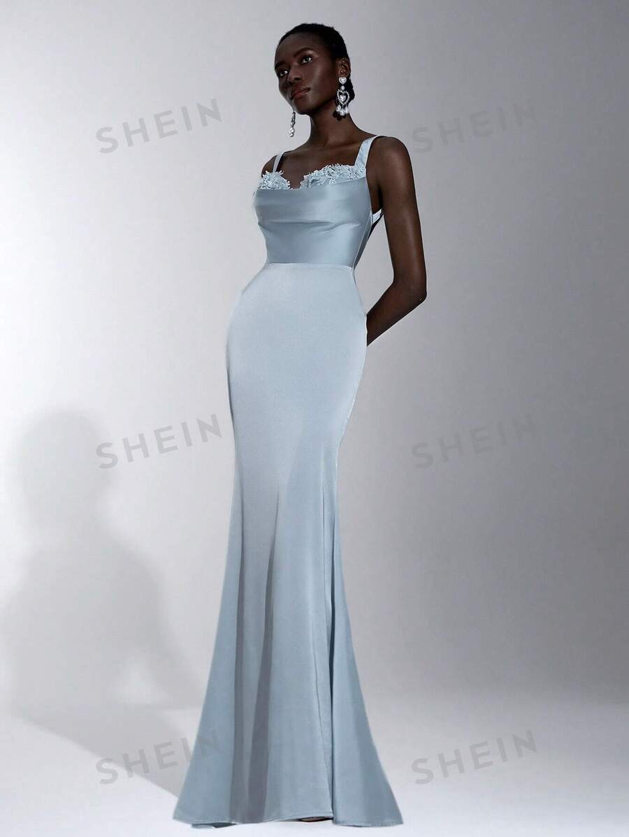 Elitara Elegante, romántico y sexy vestido de sirena azul de satén con decoración de encaje 3D floral, sin mangas, sin tirantes, hombros descubiertos y espalda descubierta, adecuado para fiestas de cumpleaños, eventos de boda y dama de honor