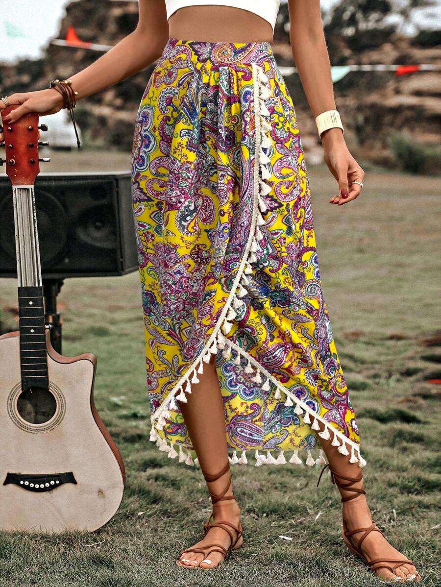 Breezaya Gonna lunga con stampa paisley, orlo arricciato con nappe, outfit da vacanza in spiaggia per donna