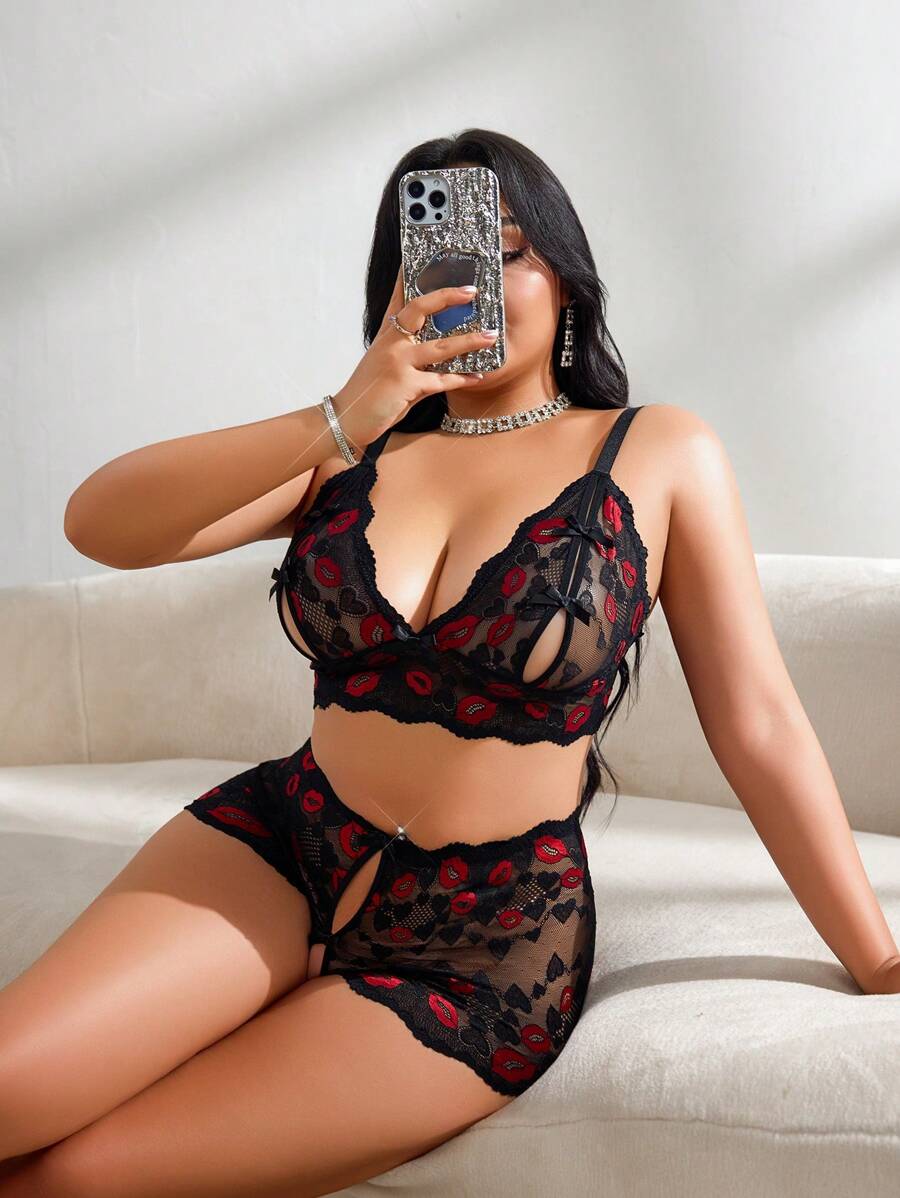 SpicyHot Set de 2 piezas de ropa interior sin aros de encaje para talla grande