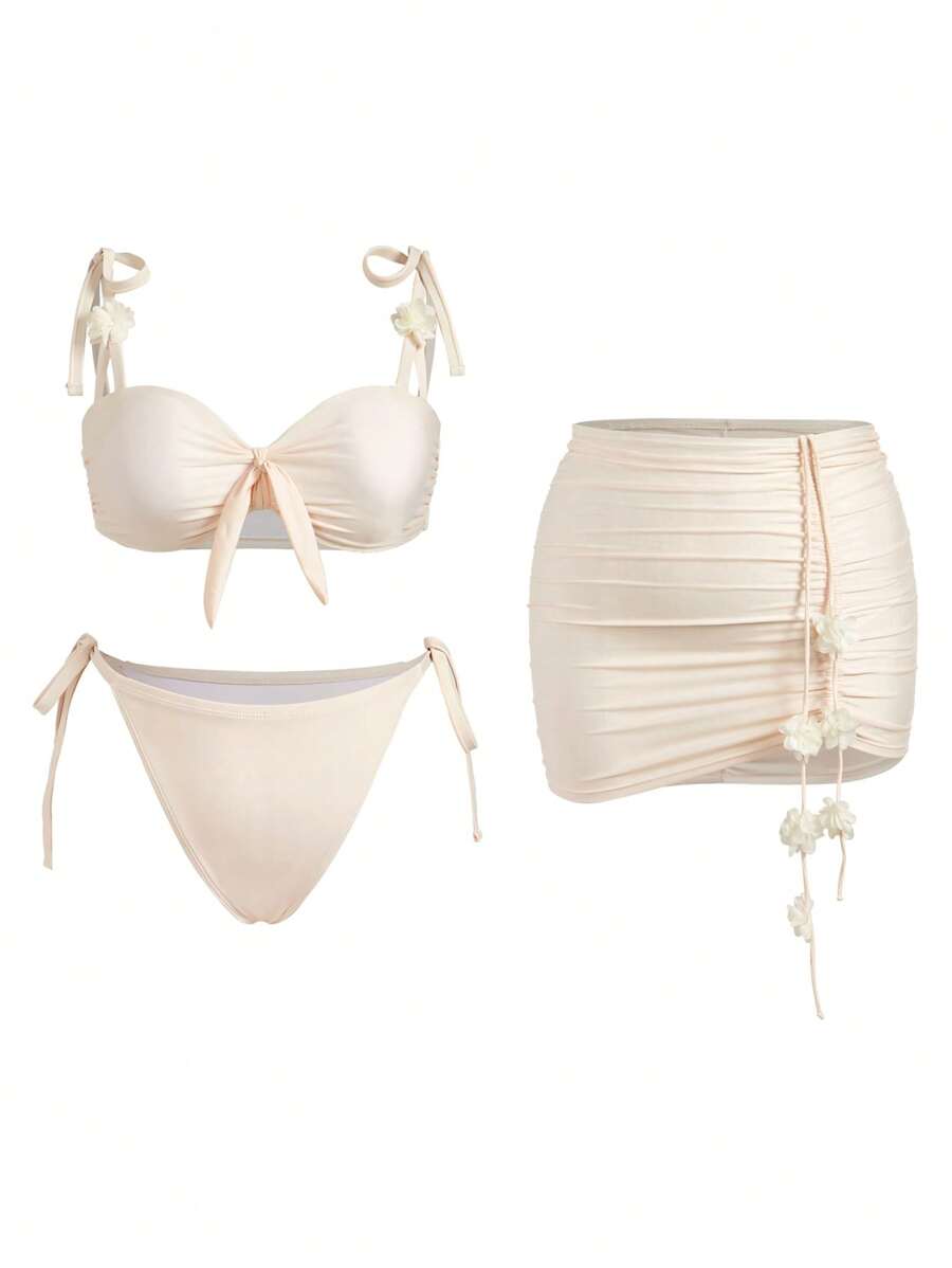 Swim Mod Plus Size Women 3pcs Set Solid Color Sweet Cute Apricot Strappy Flower Decor Bikini Crop Top, Drawstring Tie-Up Mini Skirt, Beach Holiday Swimwear, For Summer Vacation