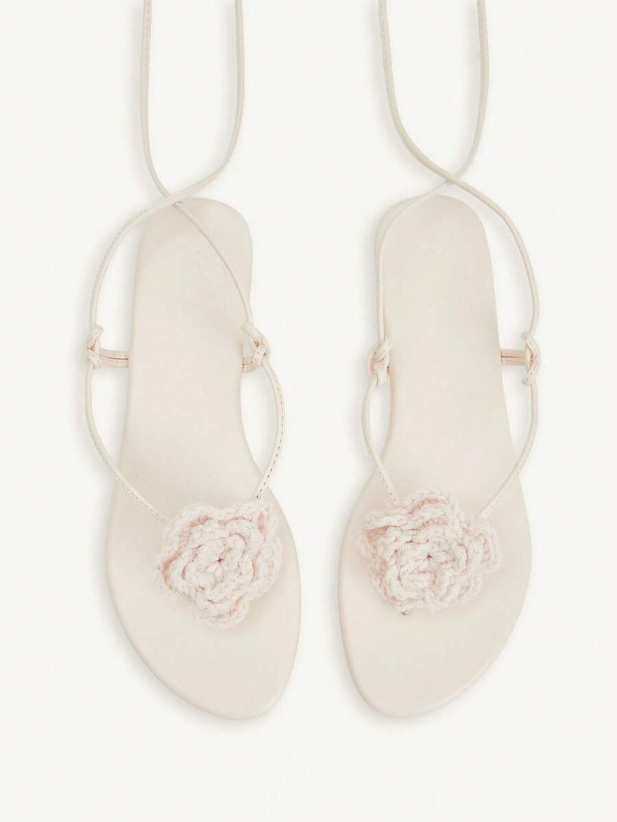 CUCCOO CHICEST Women's Woven Camellia Ankle Strap Square Toe Flat Sandals, Elegant And Romantic Casual White Knitted Ladies Flat Sandals For Afternoon Tea, Vacation, Beach And Hawaii Style