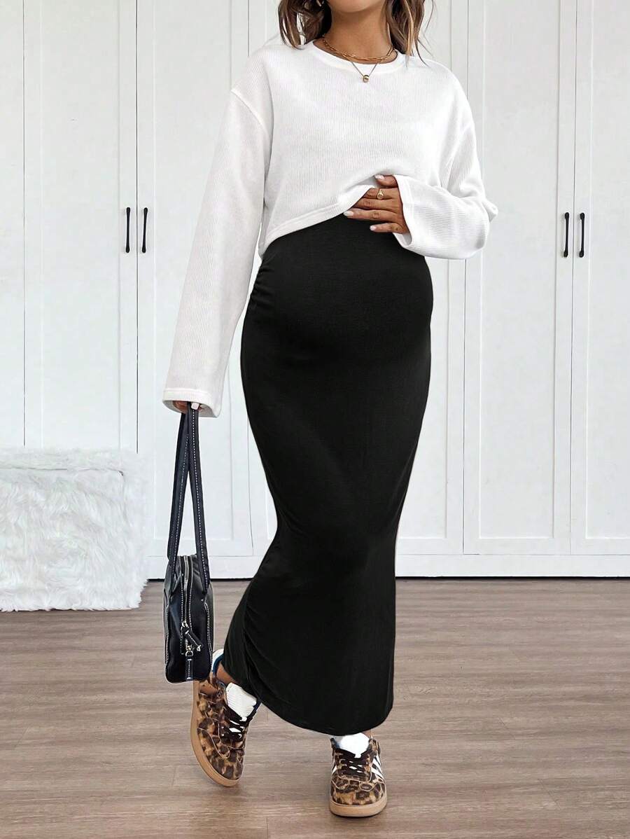 SHEIN Maternity Set: Raglan Long Sleeve Top + Solid Color Fitted Strap Dress, 2pcs, Autumn
