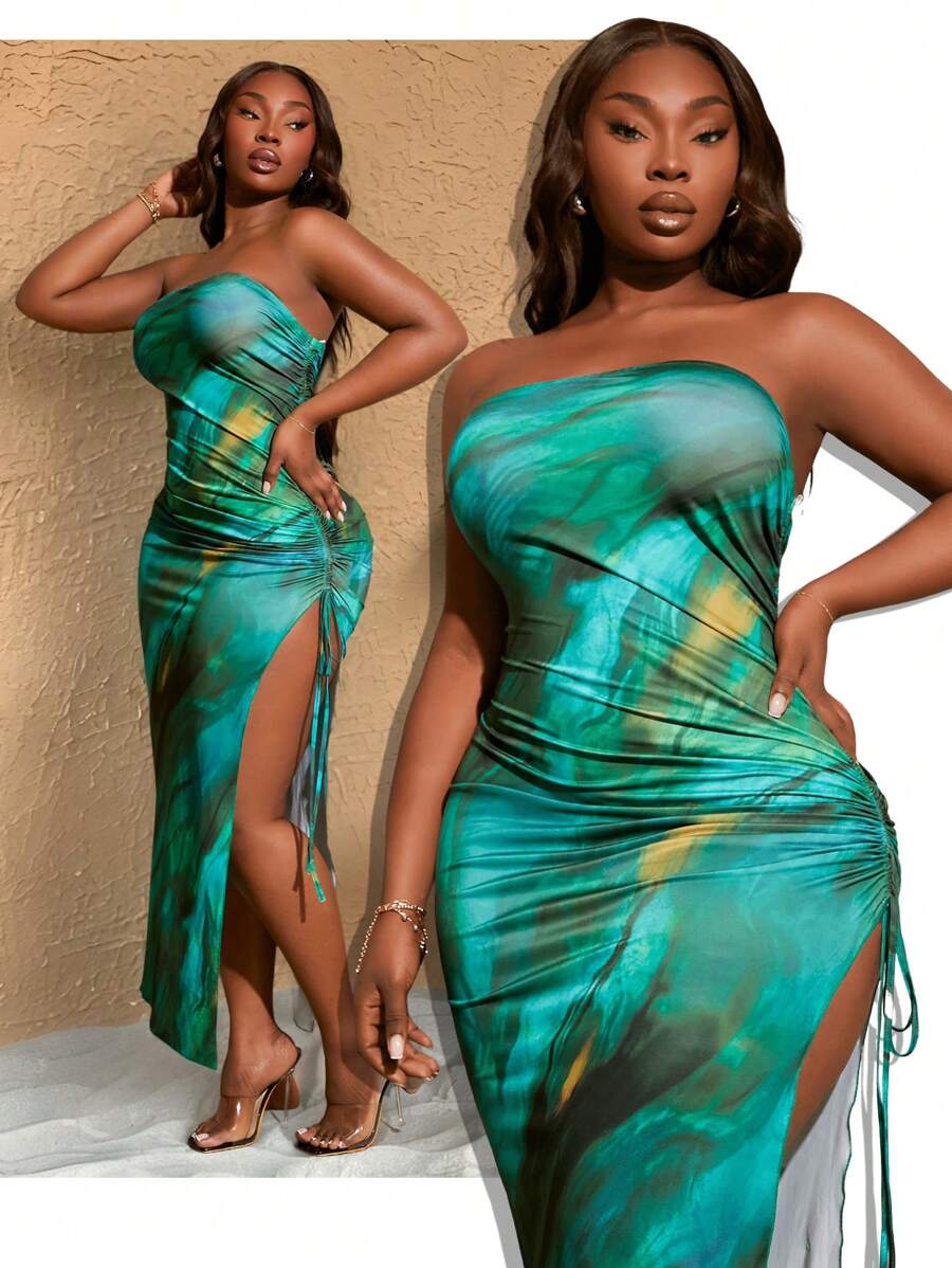 SHEIN SXY Plus Size Women Tie-Dye Tube Top Split Hem Dress, Spring/Summer