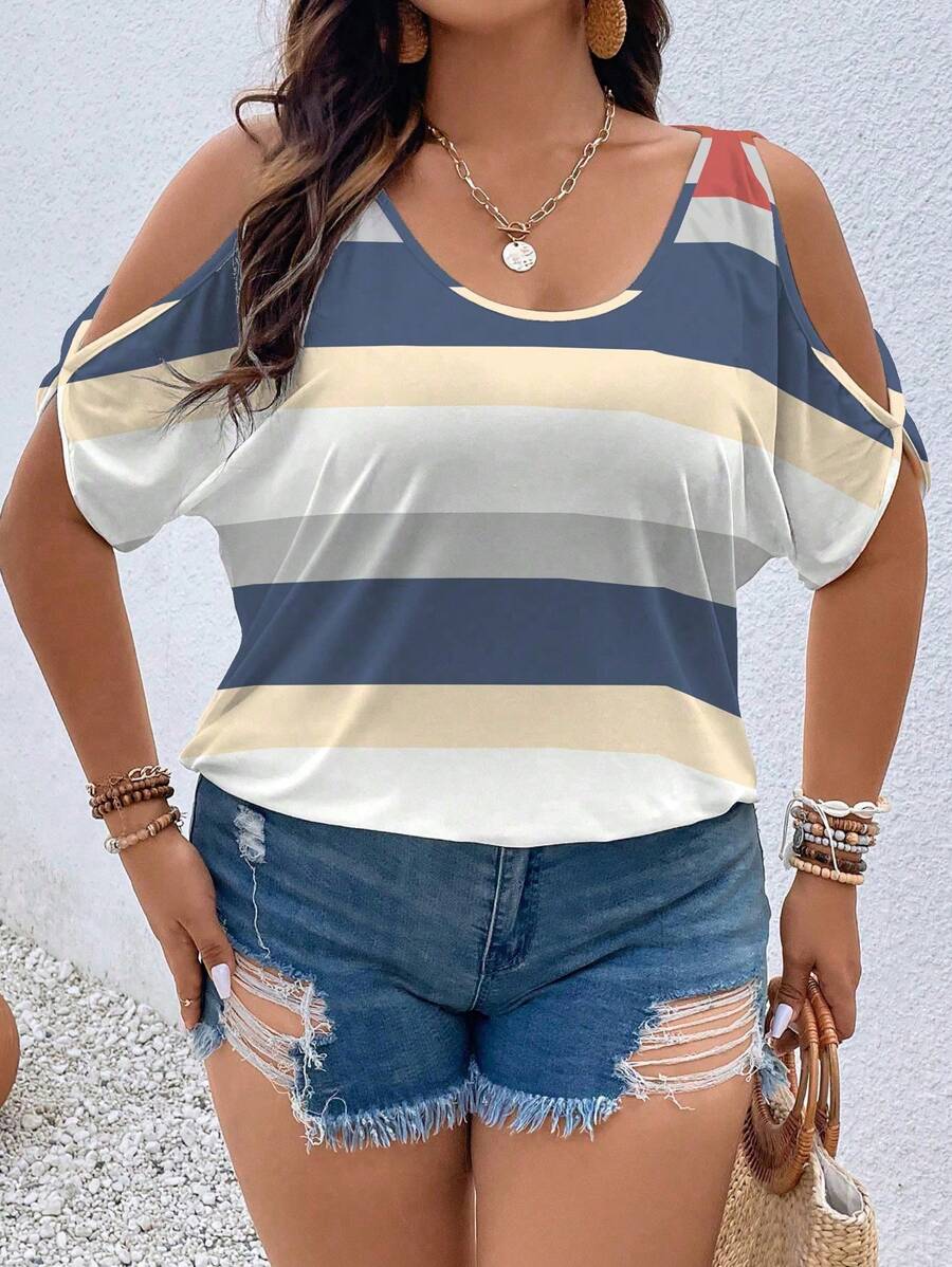SHEIN LUNE Plus Size Color Block Striped Open Shoulder Short Sleeve Casual T-Shirt, Summer Graphic Tees Women Tops Stripe Topmulticolor Women Blouseswomen Tops Summerstriped Top
