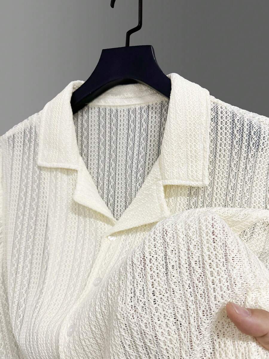 Manfinity Homme Plus Size Men's Casual Plain Texture Short Sleeve Shirt, Summer, Men's Mesh Shirt, See Through Shirt Men
