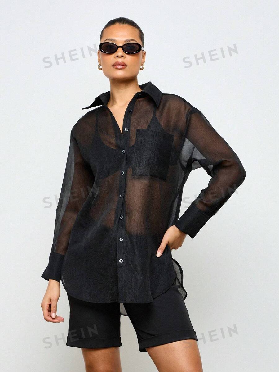 AiiRZ Blusa tipo túnica larga y holgada de chifón transparente con botones y cuello, diseño contemporáneo para fiesta, club nocturno y festivales