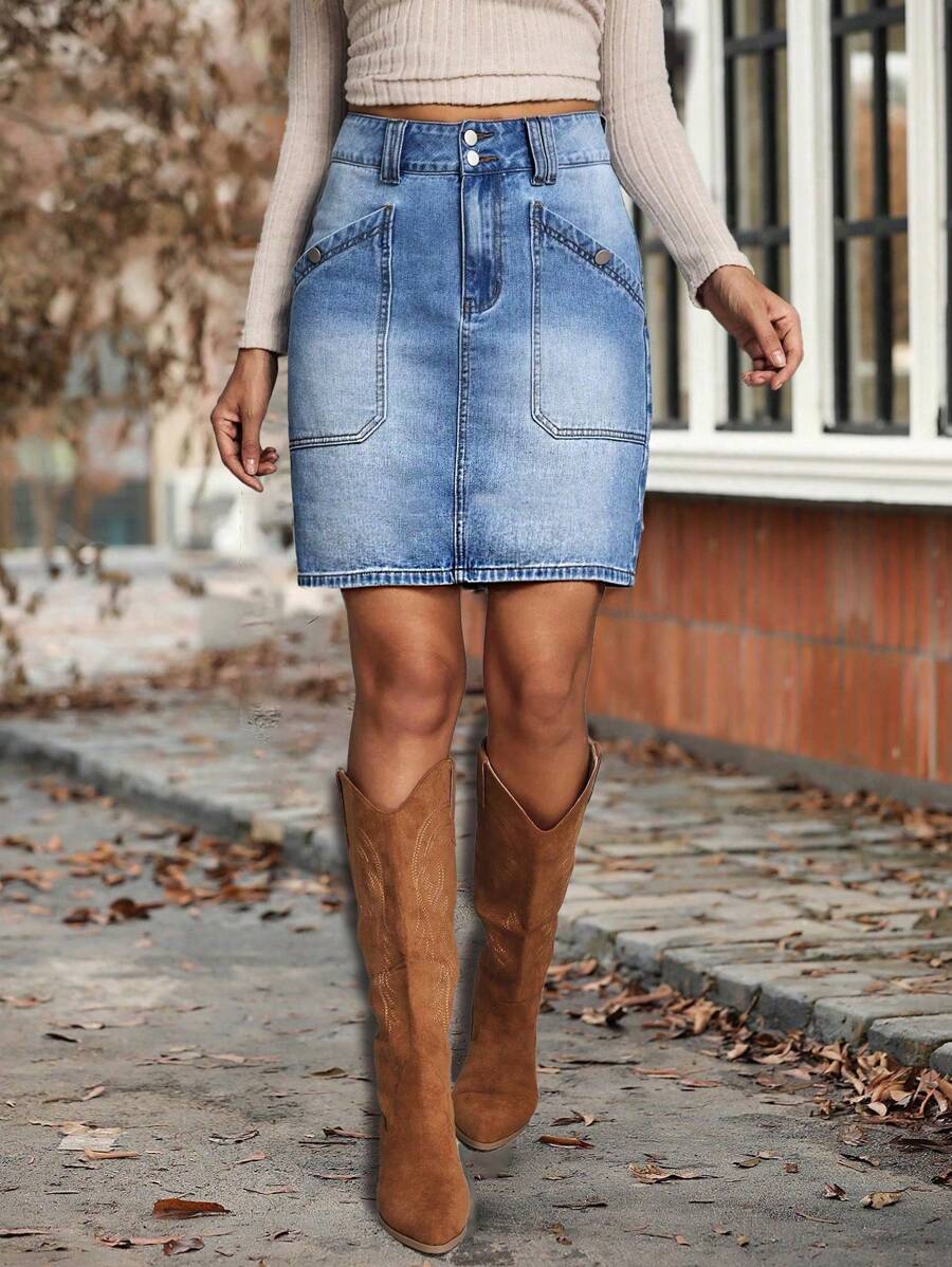 SHEIN Tall Gonna di jeans dritta casual da donna con tasche, stile corto versatile