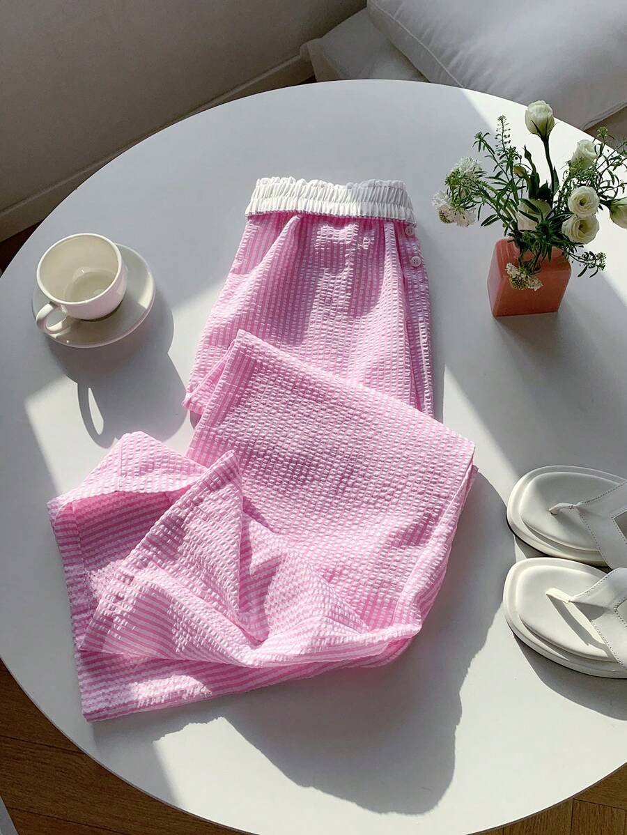 Comfortcana Red Woven Striped Women Long Pants, Fashionable For Summer