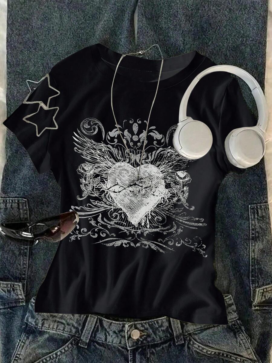 SHEIN Camiseta de manga corta de cuello redondo para adolescentes, de moda para el verano