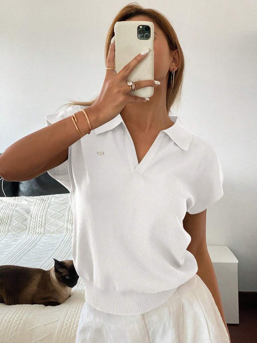 Livesso Women's Fitted Polo Collar Solid Color Knit Sweater Top, Casual For Commuting In Spring/Summer