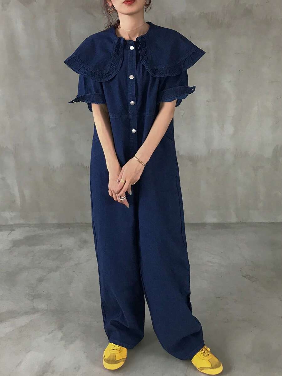 FRIFUL Combinaison en jean pour femmes avec sangles réglables, tenue d'été , volants