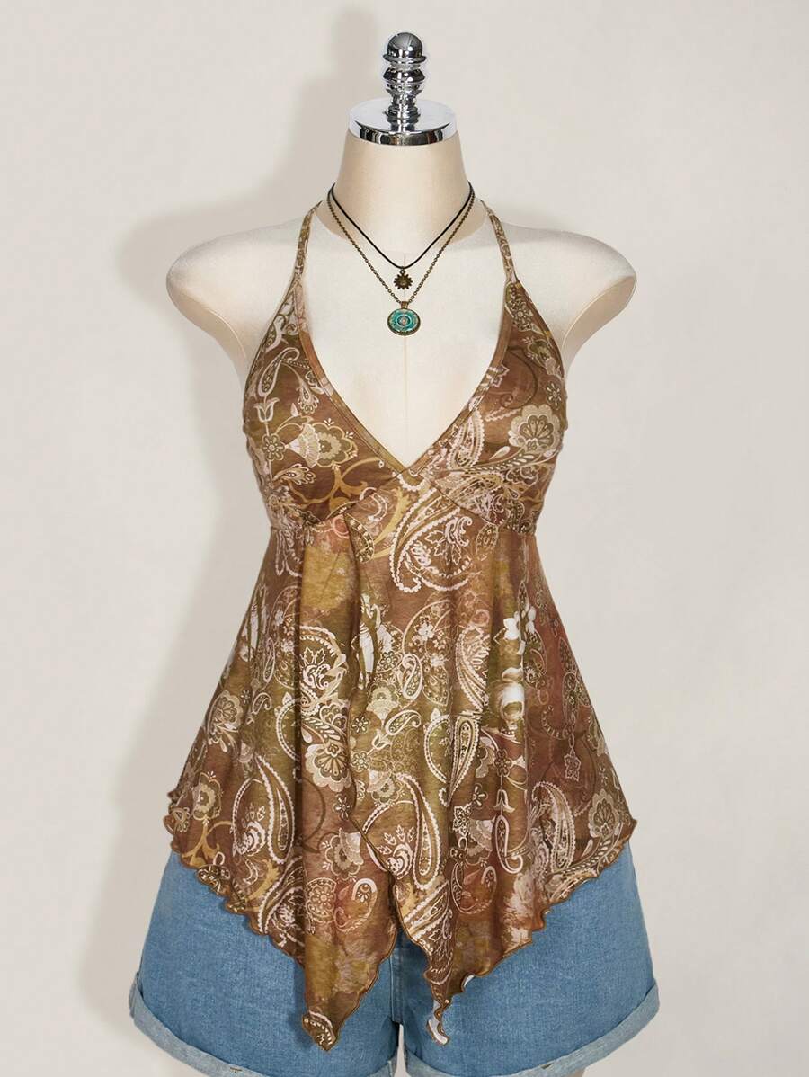 SHEIN ICON Taglie forti, Donna, Primavera ed Estate, Uscire, Vacanza, Casual, Retrò, Stampato, Senza schienale, Halter, Scollo a V, Stile occidentale, Boho, Spiaggia, Hippie, Top a palloncino
