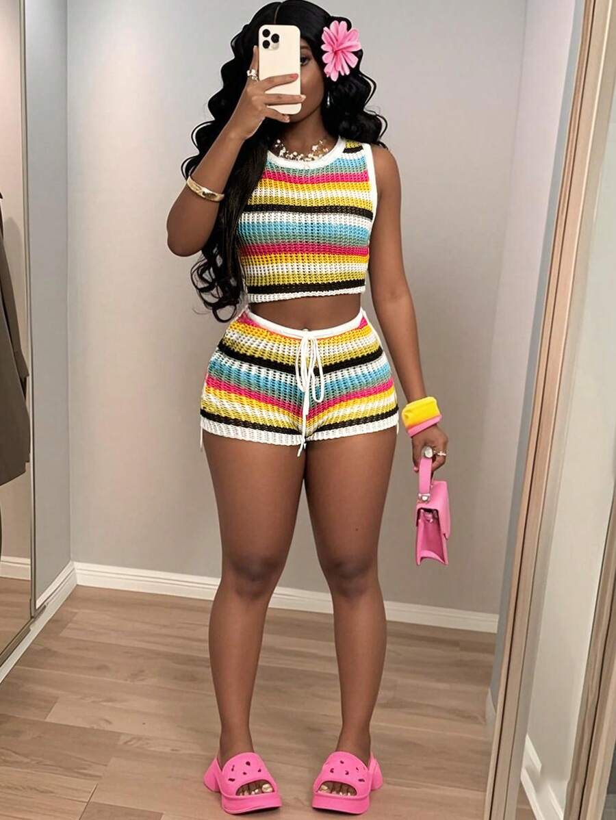 Slaydiva Summer New Style Vacation Beach Casual Colorful Stripe Hollow Out Knit Halter Top + Tie-Up Shorts 2pcs Set For Ladies - B