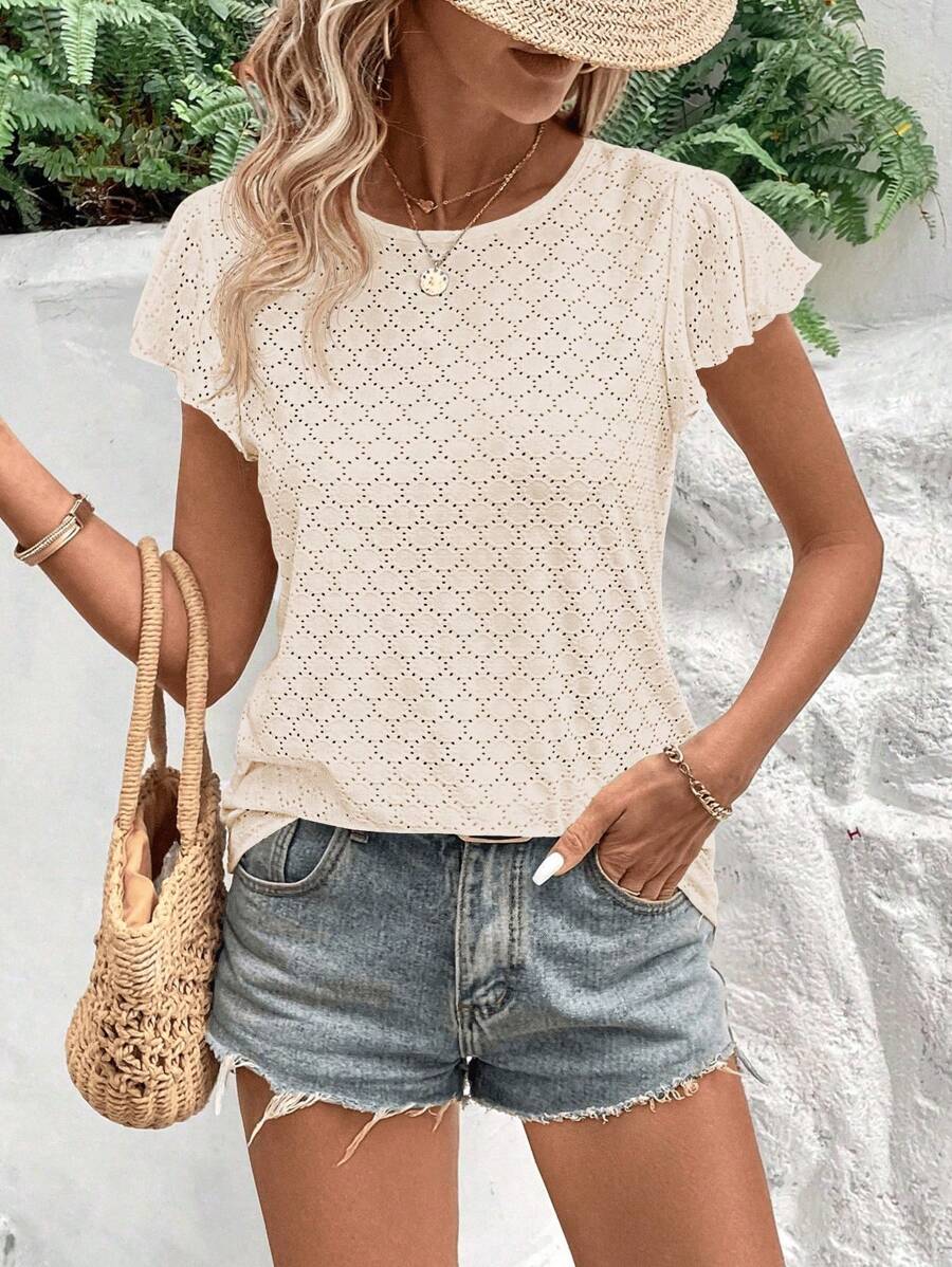 SHEIN LUNE Camiseta de mujer de manga corta de unicolor con cuello redondo, simple y de moda para el verano