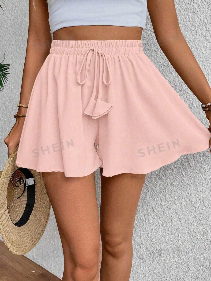 Calvaya Pantalones cortos informales sueltos con nudo retorcido de color liso, apropiados para el verano