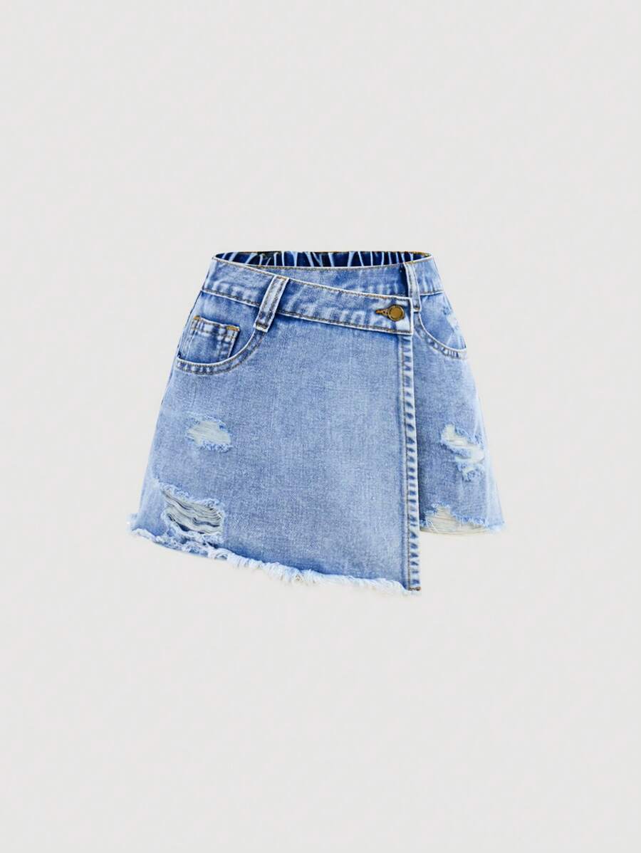 SHEIN Girlism Tween Girls' Spring And Summer Boho Ripped High Waist Wrap Front Denim Skort,Tween Girl Summer Break Outfits