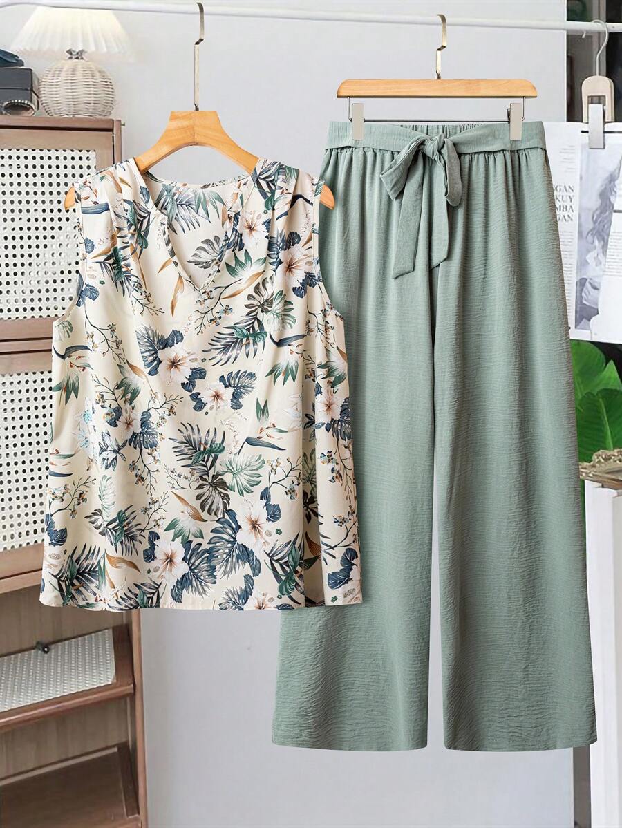 SHEIN VCAY Set di 2 pezzi composto da un top stampato a tema tropicale e pantaloni strutturati, adatto a taglie forti per l'estate
