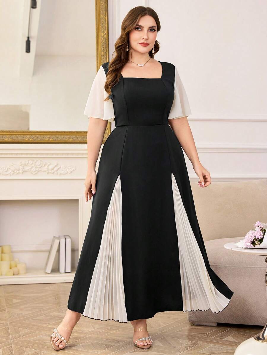 Modelyn Women Plus Size Pleated Panel Short Sleeve Square Neck Casual Dress, Elegant For Commuter Wear