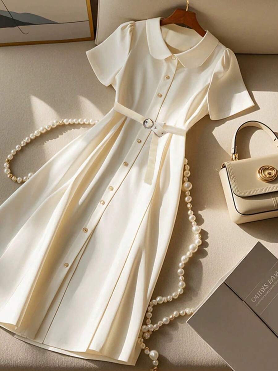 Franclia Elegant Notch Collar Short Sleeve Cinched Waist Waist Single Breasted Solid Color Spring/Summer Dress